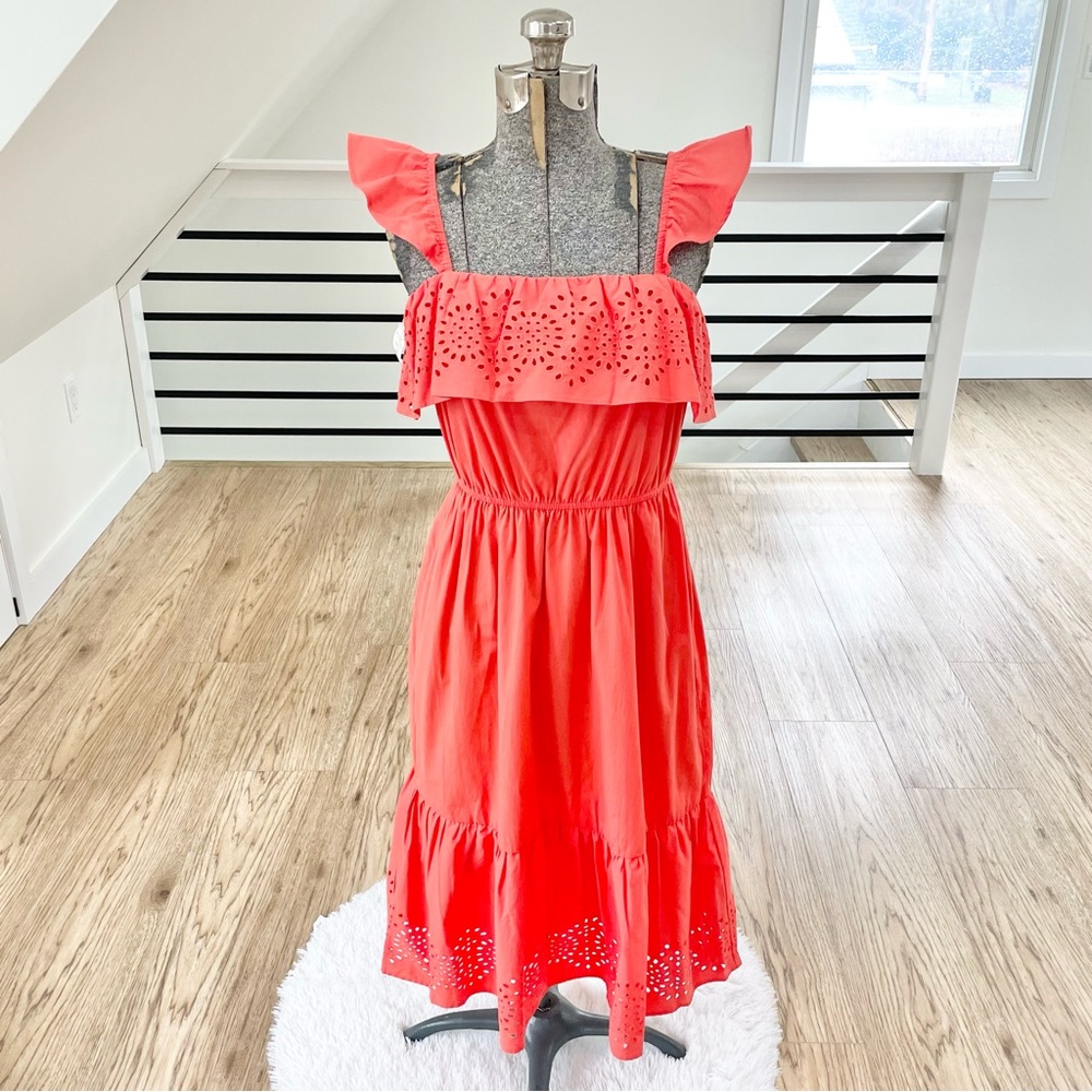 XS S XXL LC Lauren Conrad, coral orange, pink girly cut out midi dress